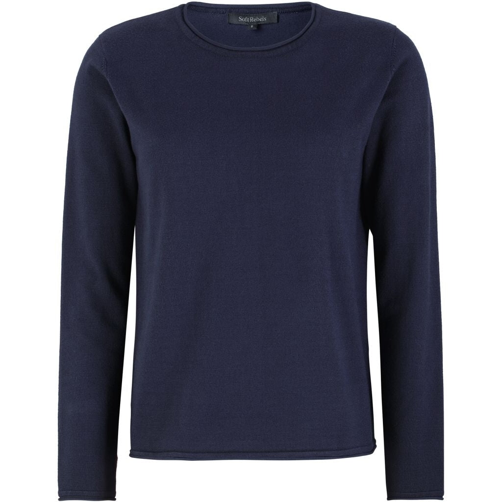 Soft Rebels Marla O-Neck Knit Roll Edge Total Eclipse Mørkeblå