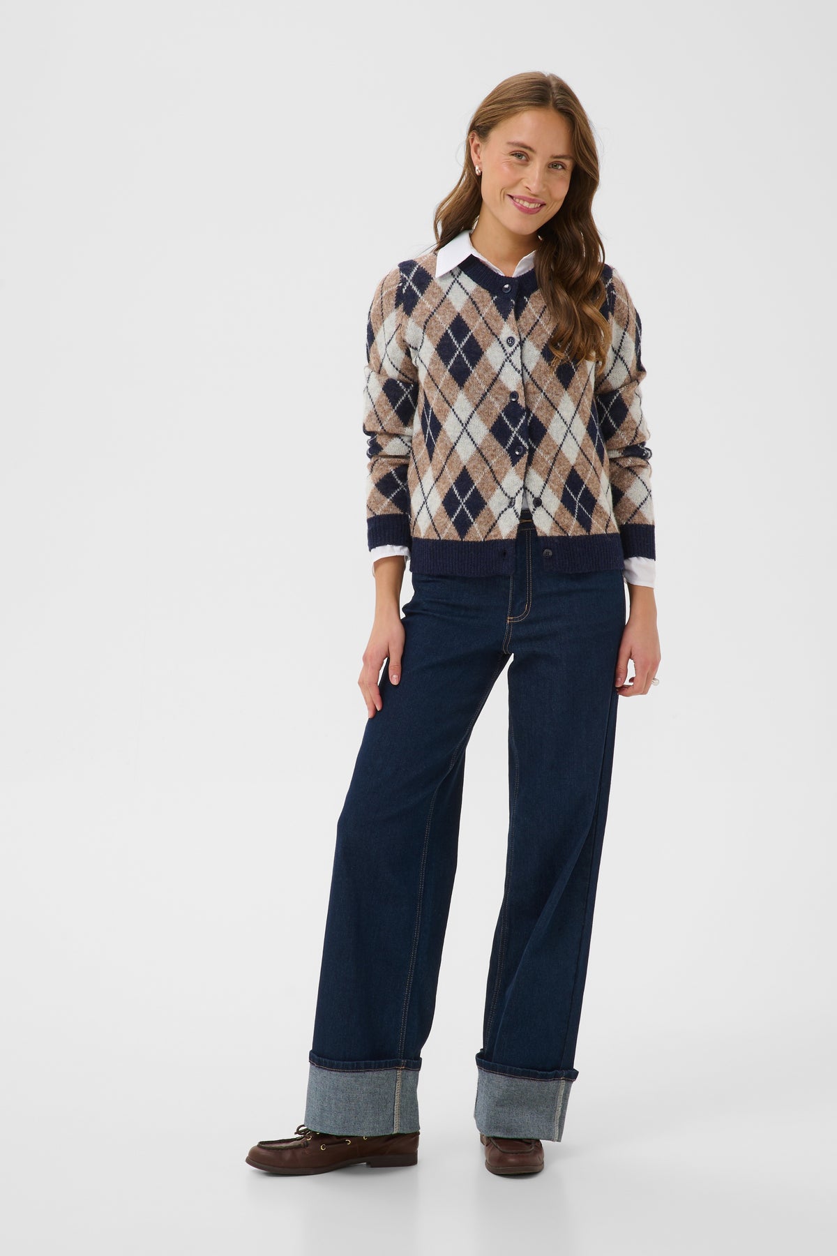 KAFFE Harlow Cardigan Midnight Blå Taupe Brun Hvid