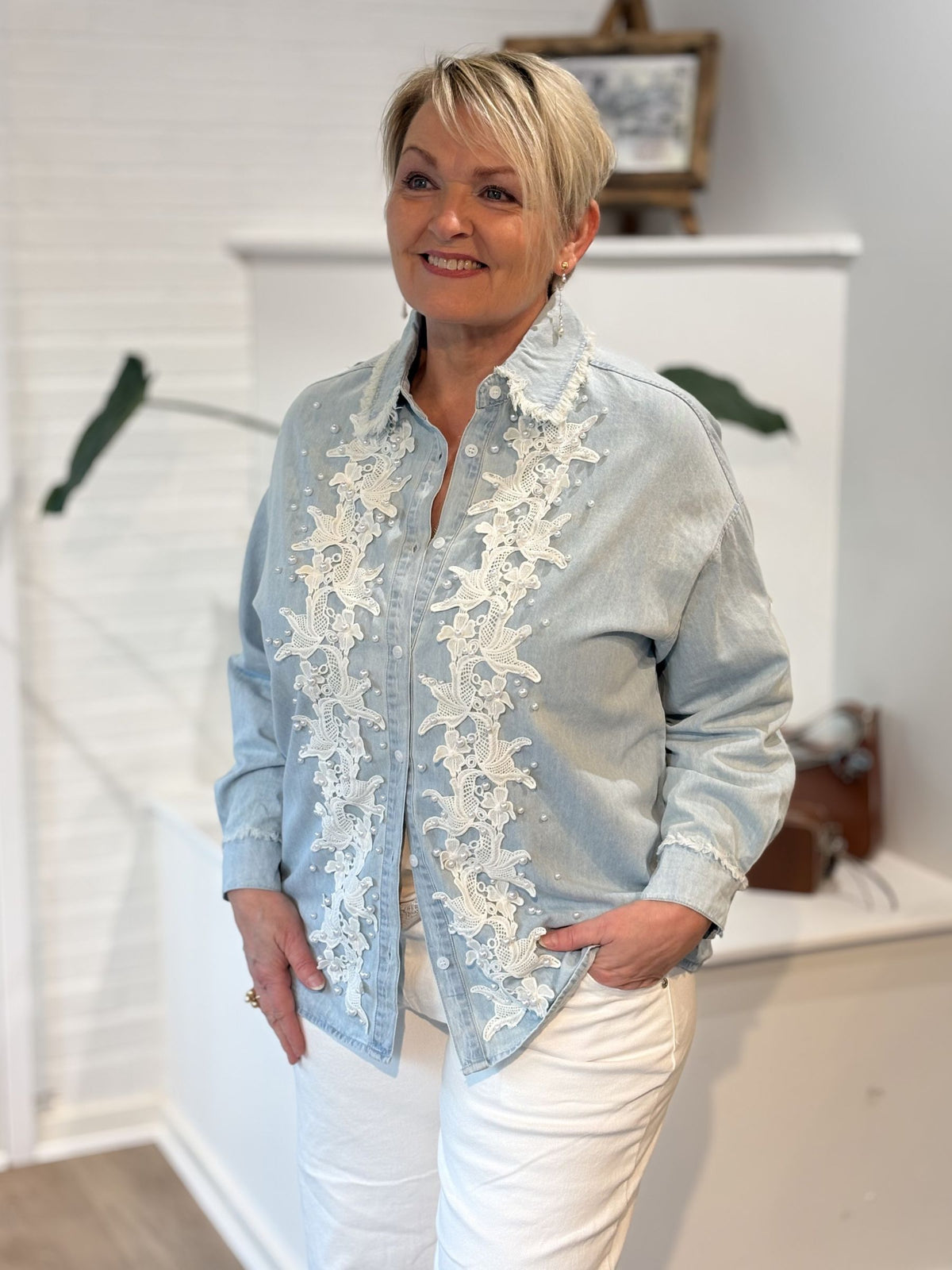 Sexy Woman Skjorte Perler Broderi Denim Blå