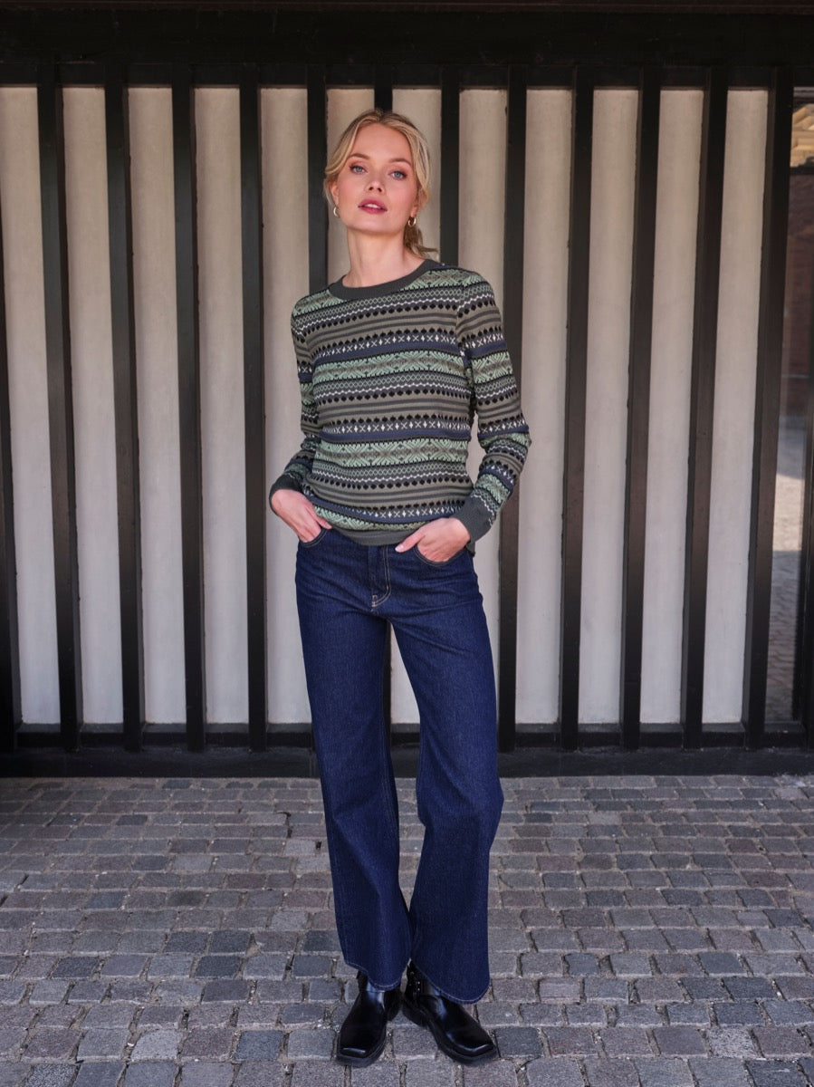 Skovhuus Ingegard Strik Pullover Multi Jaquard Agave Grøn