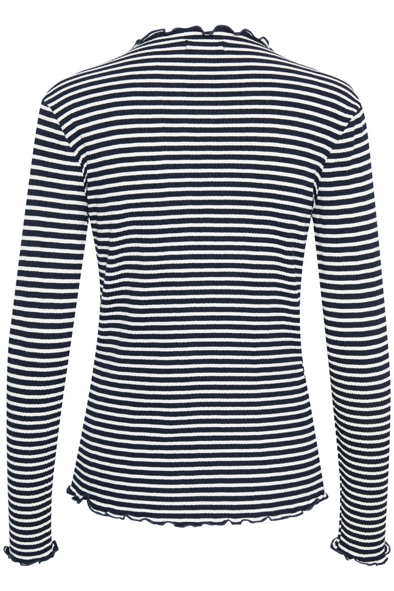 Karen By Simonsen Candace T-shirt Langærmet Stribet Night Sky Blå Egret Hvid
