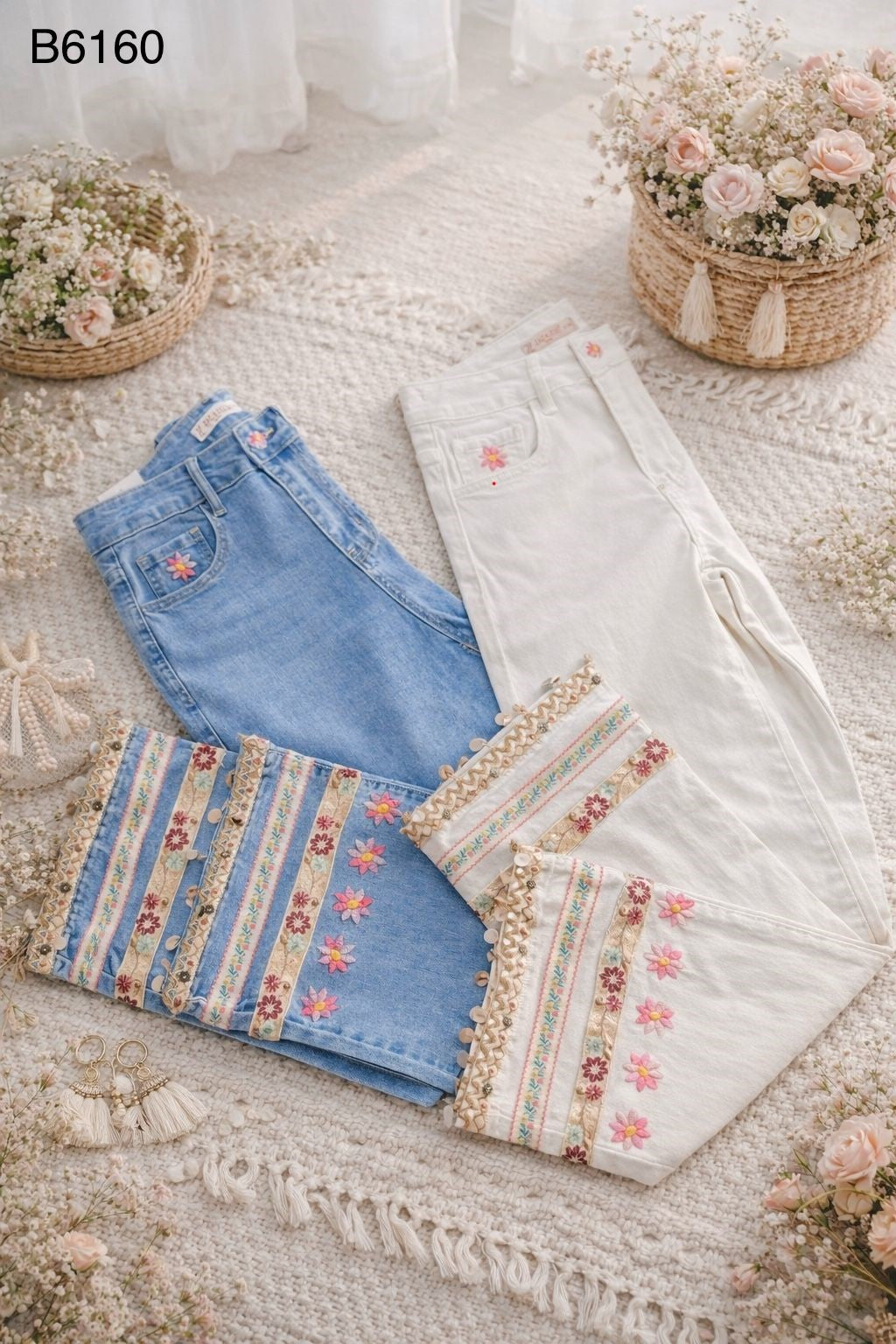 Zac & Zoe Jeans Wide Leg Broderi Buksekant Denim Blå