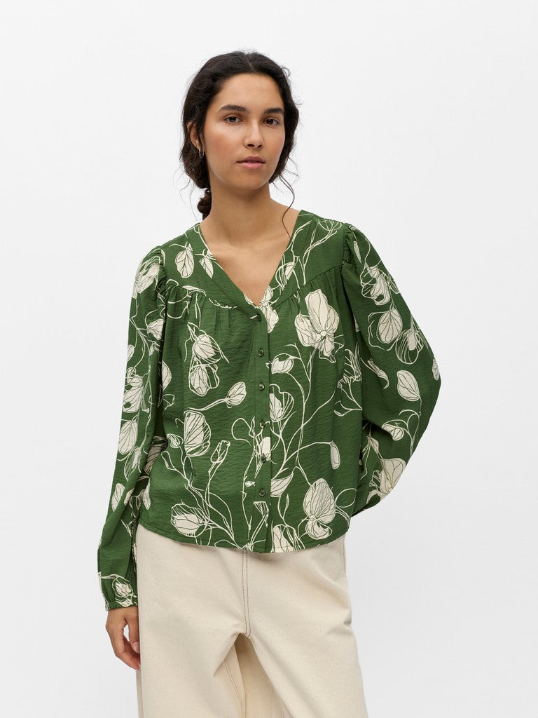 OBJECT JACIRA Top V-Neck Langærmet Bronze Grøn Birch Hvid