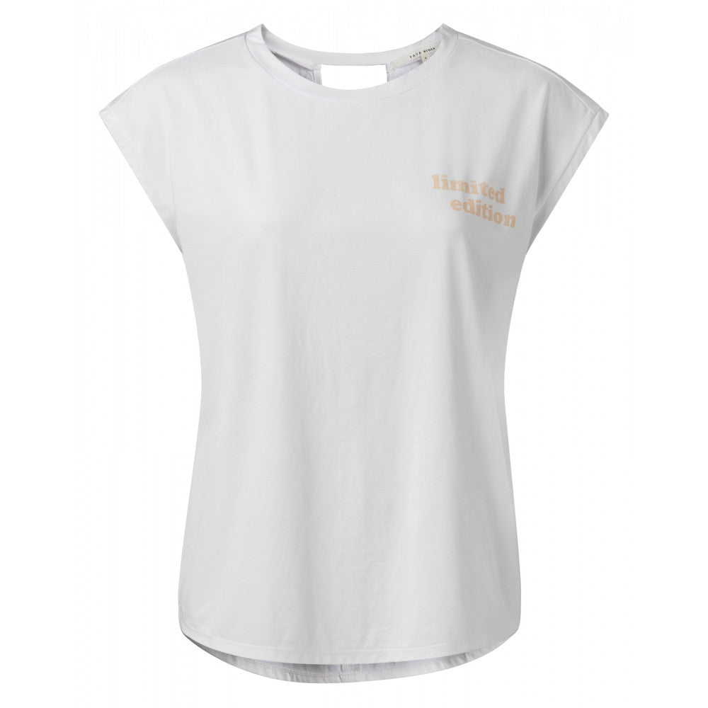 YAYA Crew Neck Top w Back detail and text Pure White