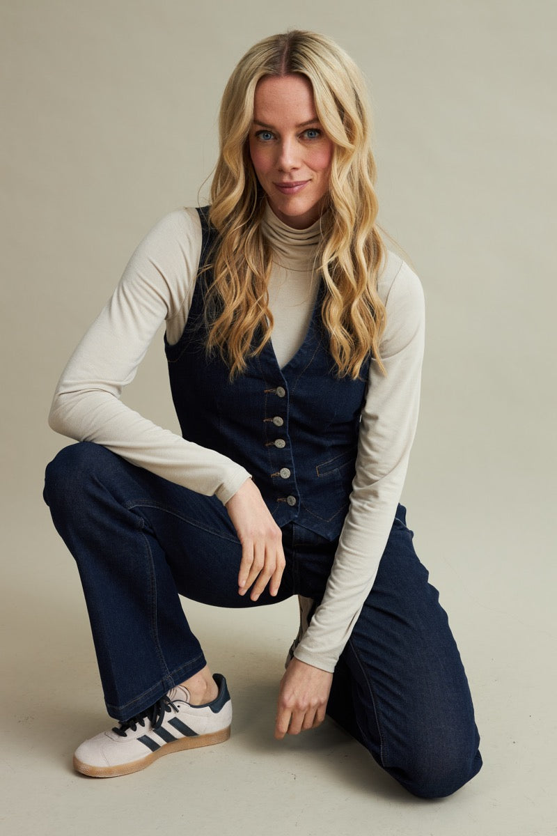 Red Button Vest Denim Dark Blå